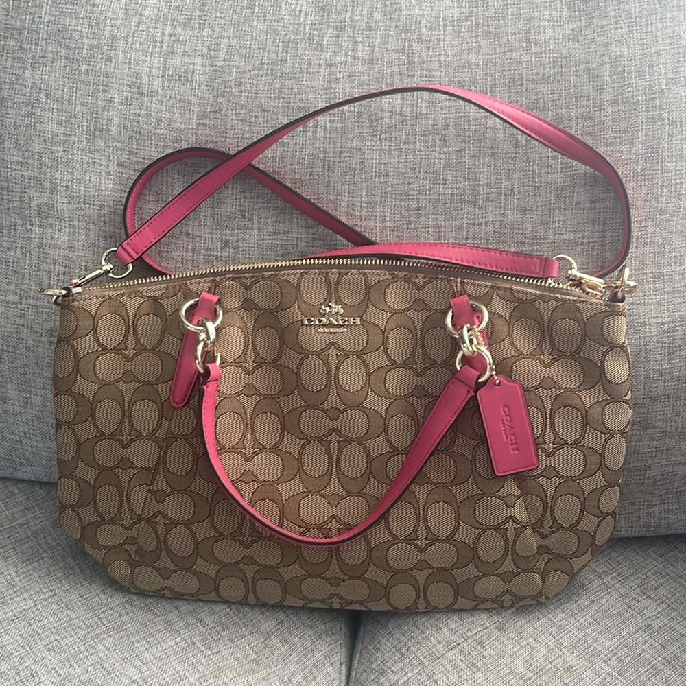 Coach Brown Signature Canvas Crossbody with Pink Trim